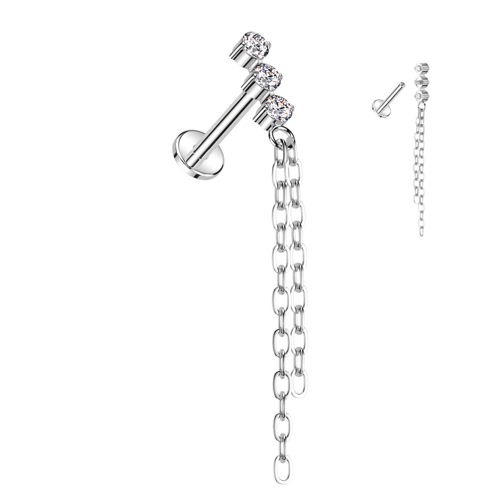 Implant Grade Titanium Internally Threaded Labret With 3 CZ and Double Chain Dangle Top